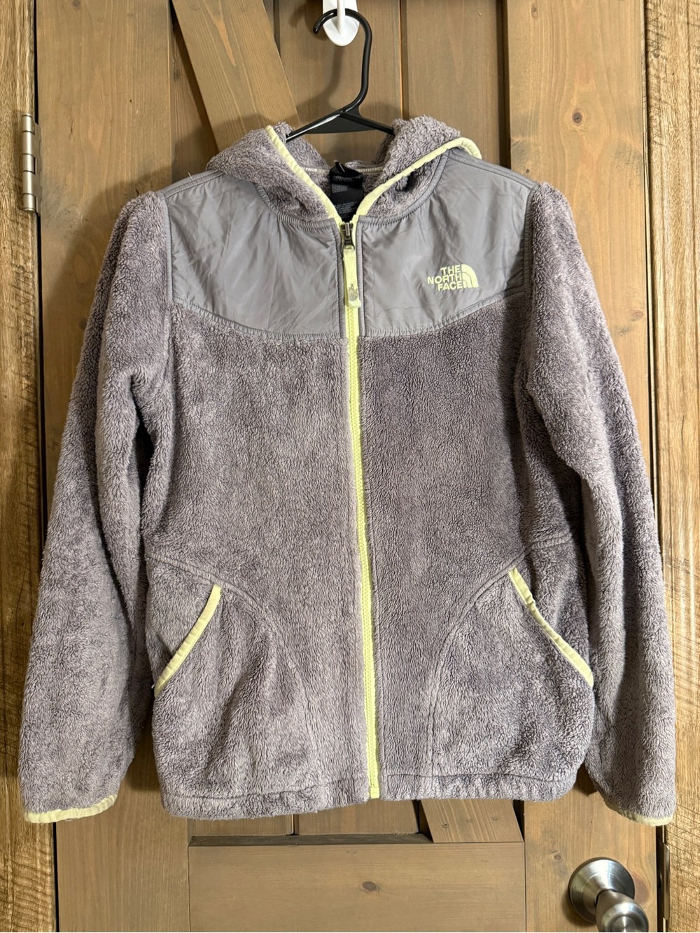 The North Face Girls' Gray Fuzzy Hooded Puffer Jacket with Yellow Trim